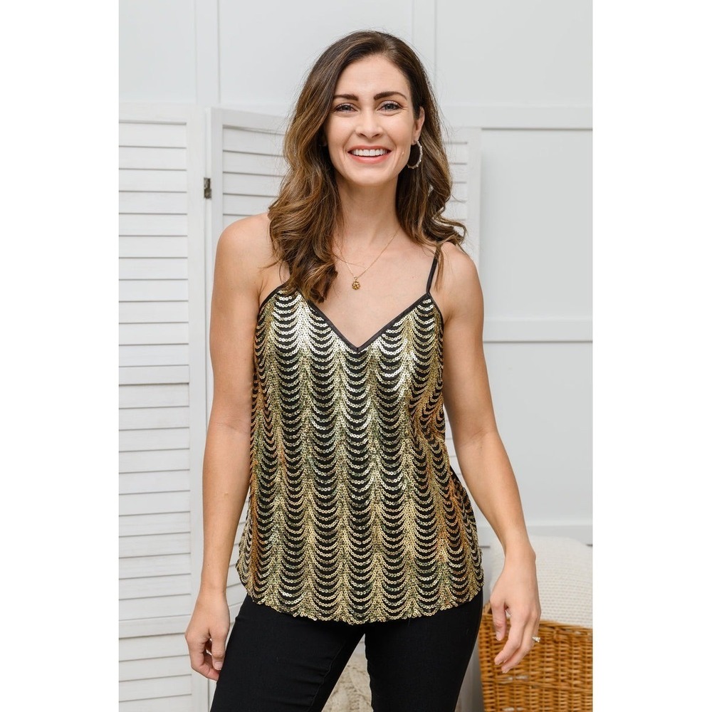 Andree by Unit Sequin Camisole Women Size M Black Gold NWT Scalloped Party Top